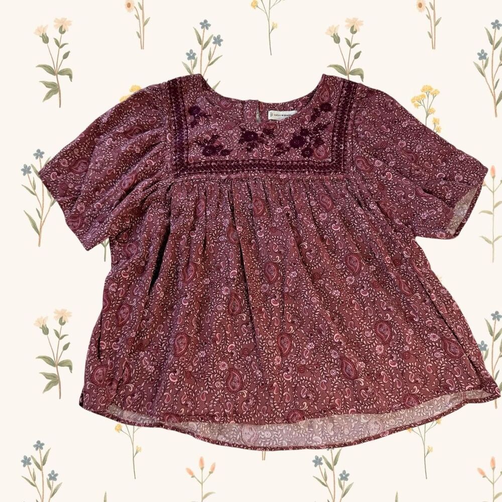 Lucky Brand Embroidered Paisley Floral Revivalist Burgundy Boho Blouse Top XL